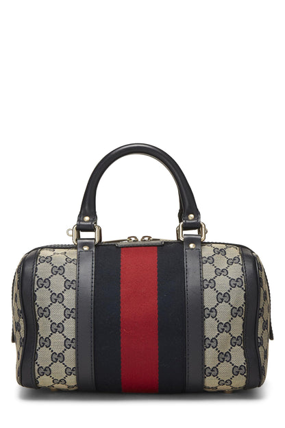 Gucci, Pre-Loved Navy GG Canvas Web Boston Bag Small, Navy