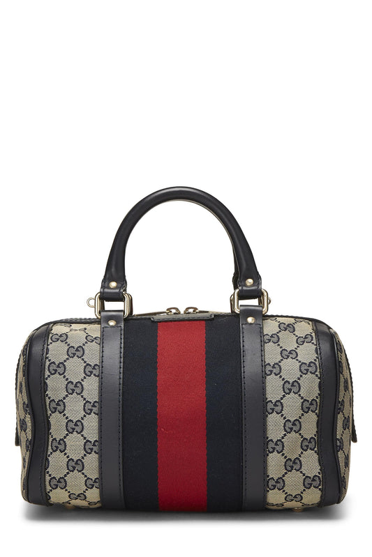 Gucci, Bolso Boston pequeño con tribanda de lona GG azul marino Pre-Loved, Azul marino