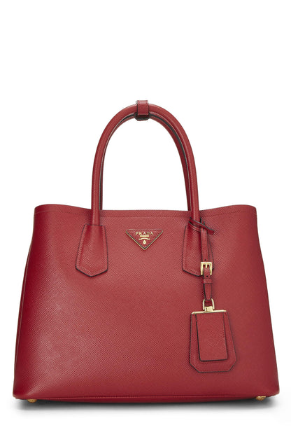 Prada, sac double moyen en saffiano rouge d'occasion, rouge