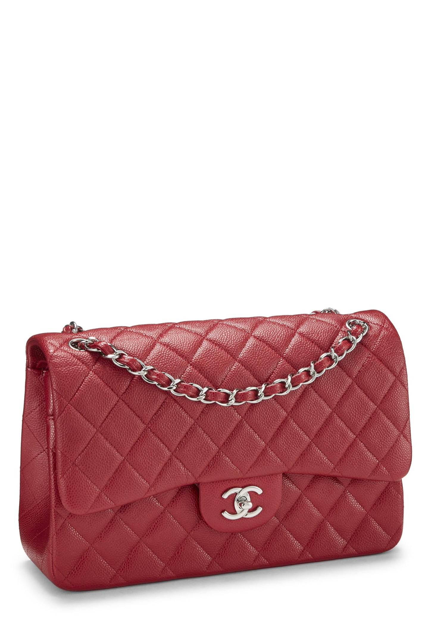 Chanel, Caviar acolchado rojo Pre-Loved New Classic Jumbo con doble solapa, Rojo