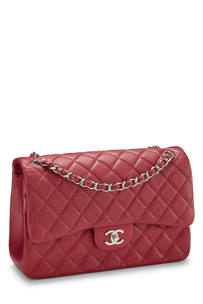 Chanel, sac à main jumbo à double rabat matelassé rouge caviar, d'occasion, rouge