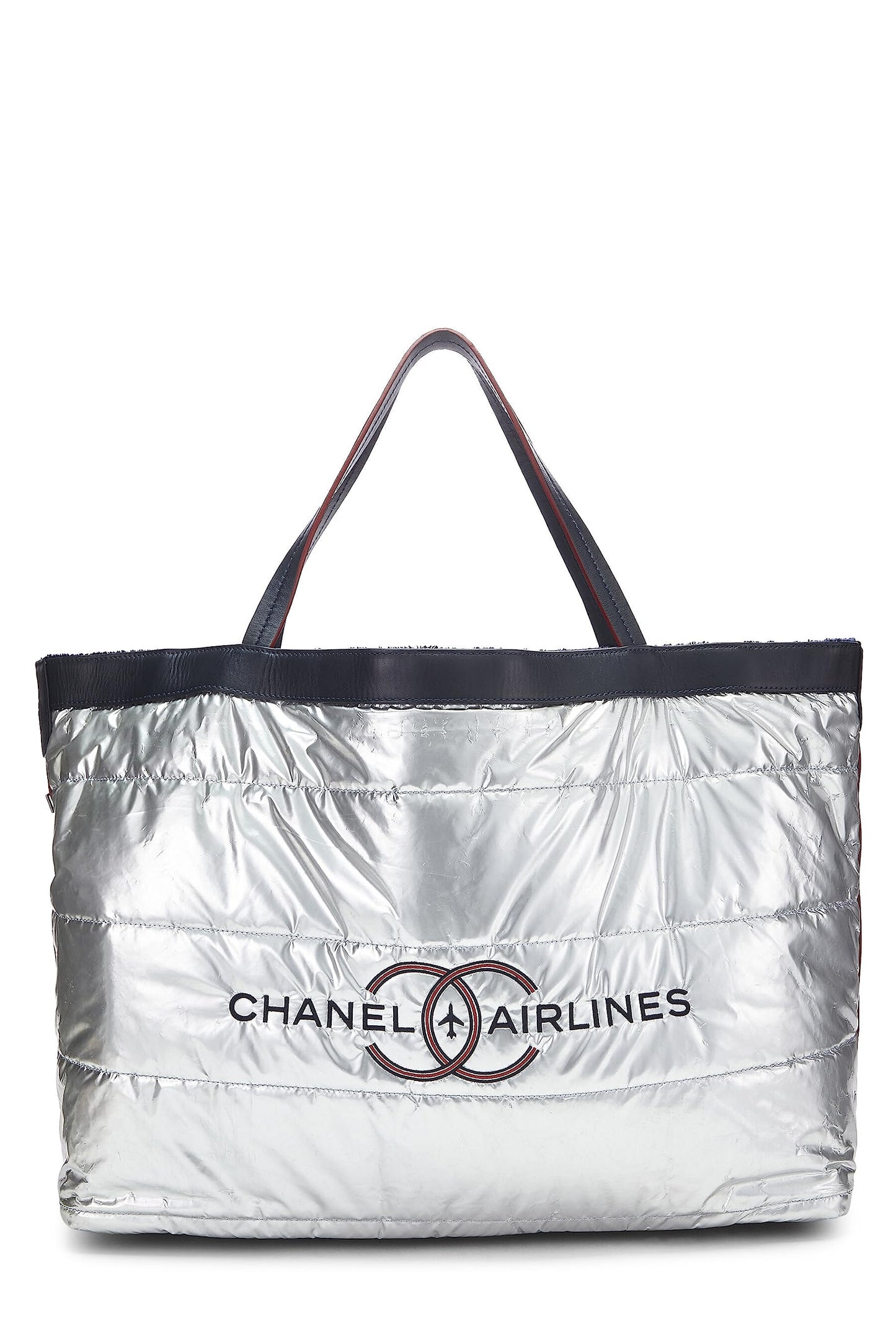 Chanel, Pre-Loved Navy Terry Cloth & Silver Nylon Reversible Airlines Tote Large, Silver