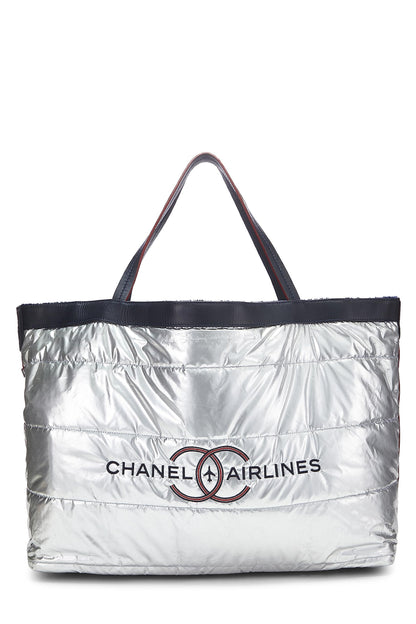 Chanel, Pre-Loved Navy Terry Cloth & Silver Nylon Reversible Airlines Tote Large, Silver