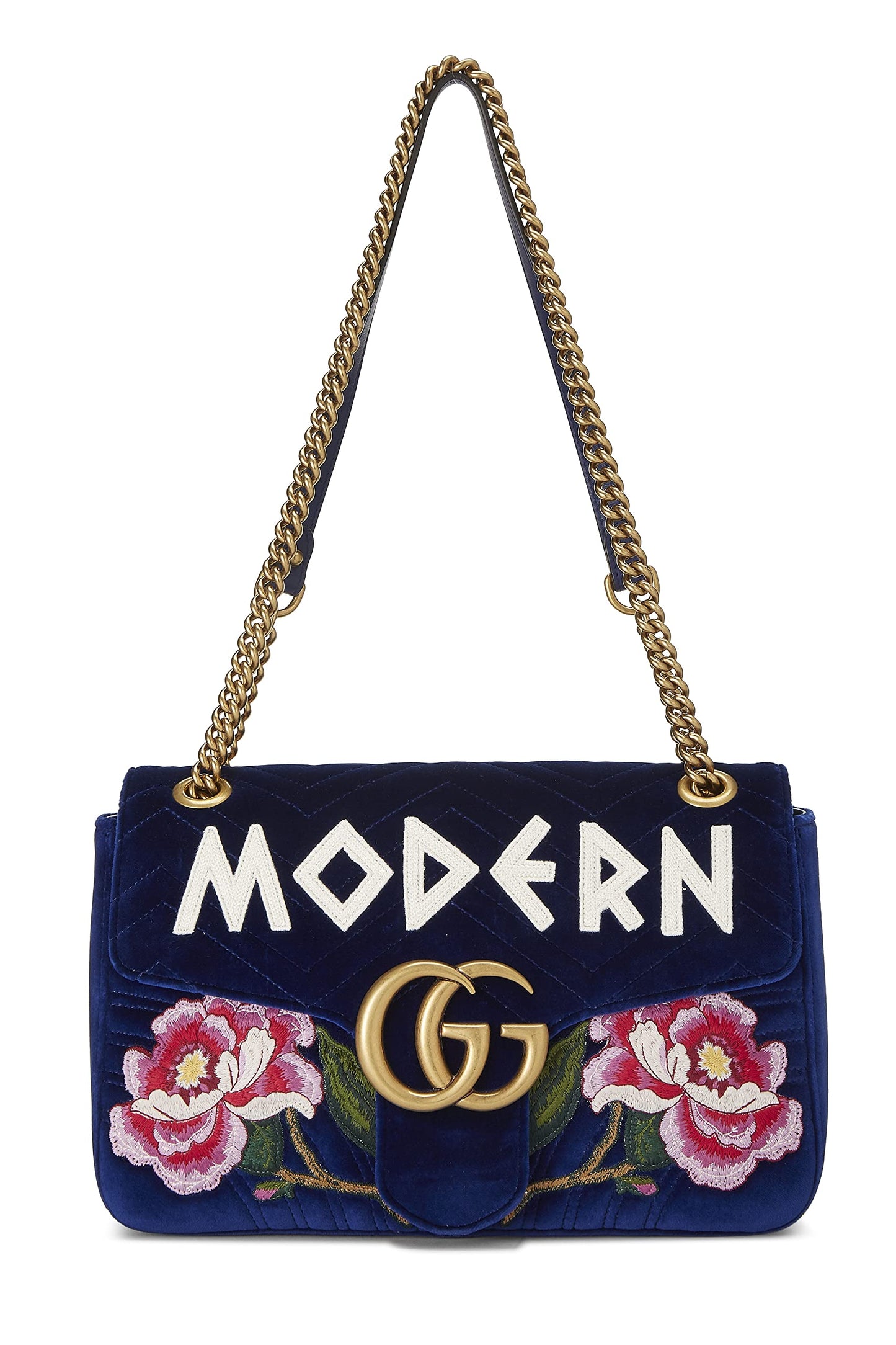 Gucci, sac à bandoulière moderne GG Marmont en velours bleu d'occasion, bleu