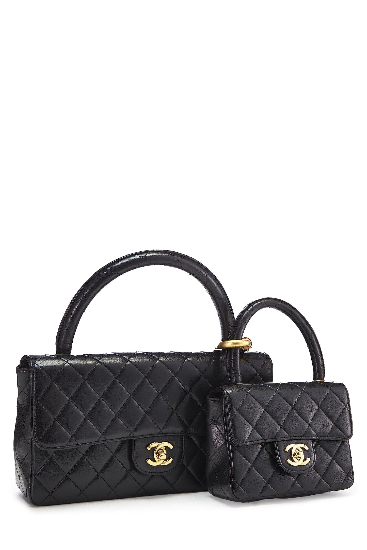 Chanel, sac double en cuir d'agneau matelassé noir d'occasion, noir