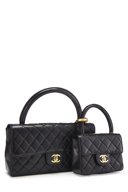 Chanel, Bolso doble de piel de cordero acolchado negro Pre-Loved, Negro