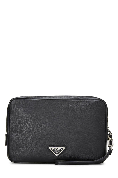 Prada, pochette en cuir noir Vitello Daino d'occasion, noir