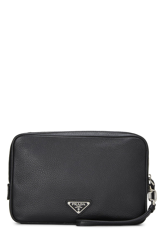 Prada, Pre-Loved Black Vitello Daino Leather Clutch, Black