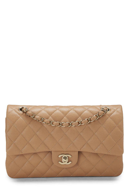 Chanel, sac à rabat double classique matelassé beige caviar d'occasion, taille M, beige