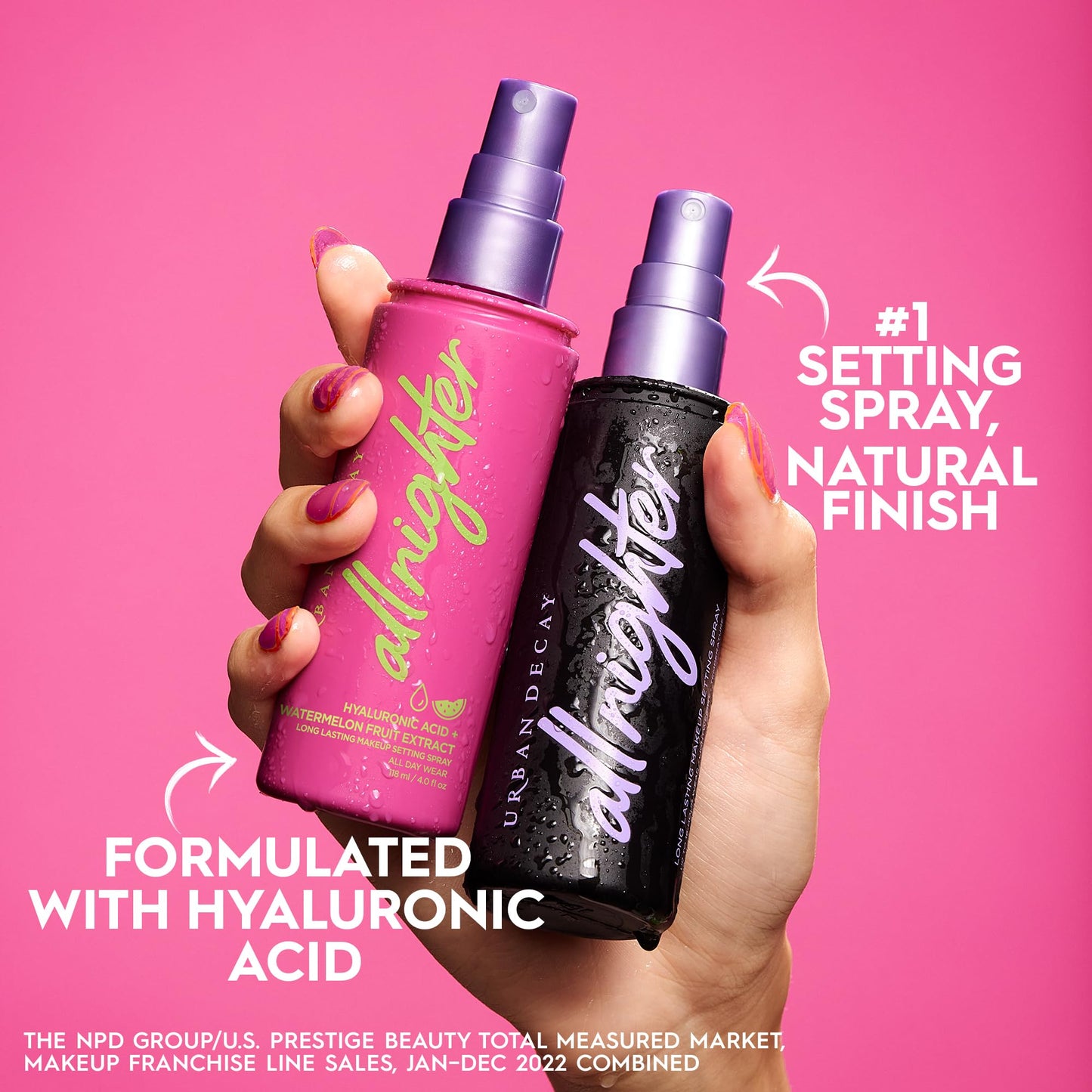 Urban Decay All Nighter Spray fijador impermeable con ácido hialurónico para rostro (tamaño completo), aspecto luminoso y brillante, maquillaje duradero, a prueba de manchas y resistente a la transferencia, aroma a sandía - 4 fl oz