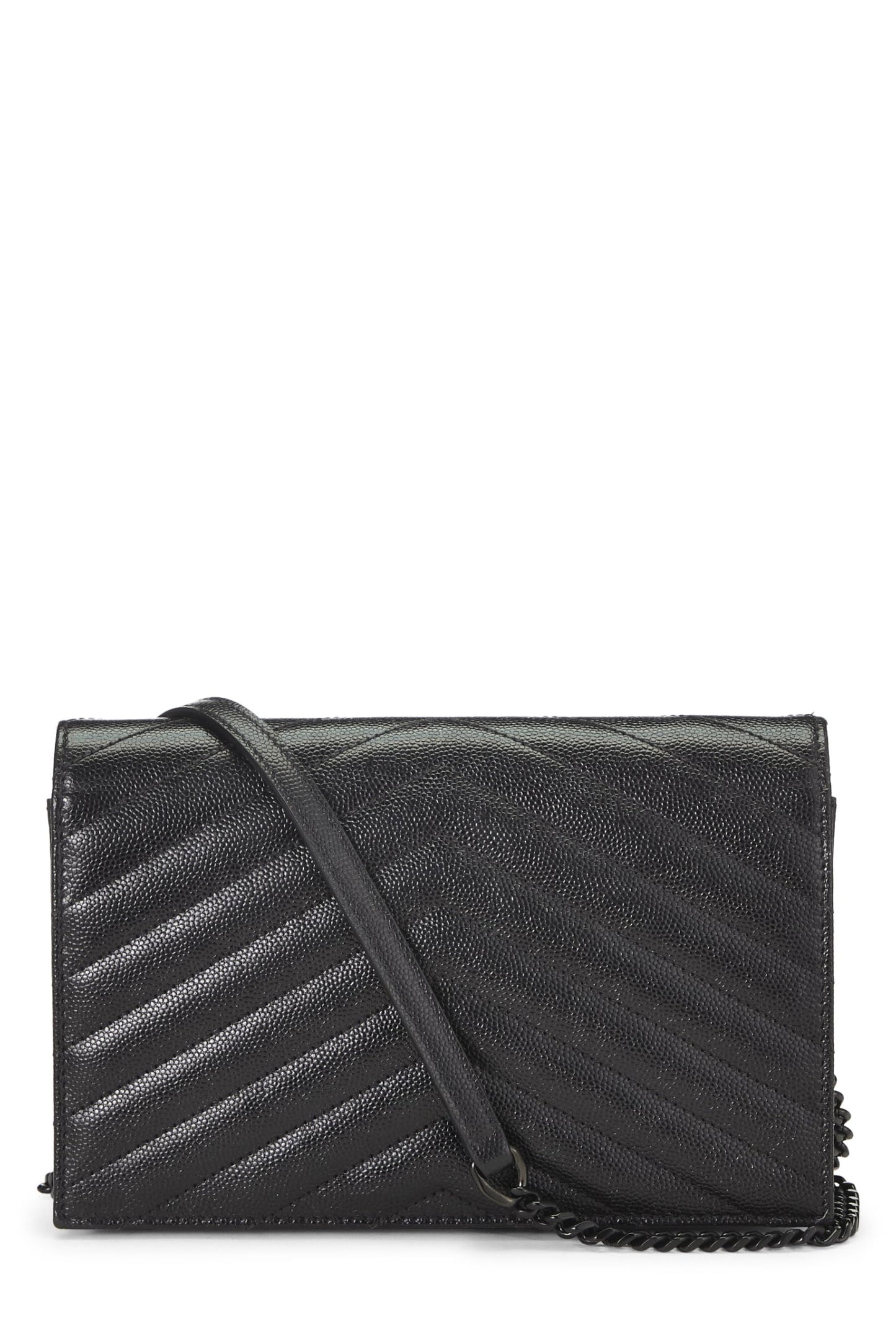 Yves Saint Laurent, Pre-Loved Black Grained Calfskin Envelope Wallet On Chain (WOC), Black