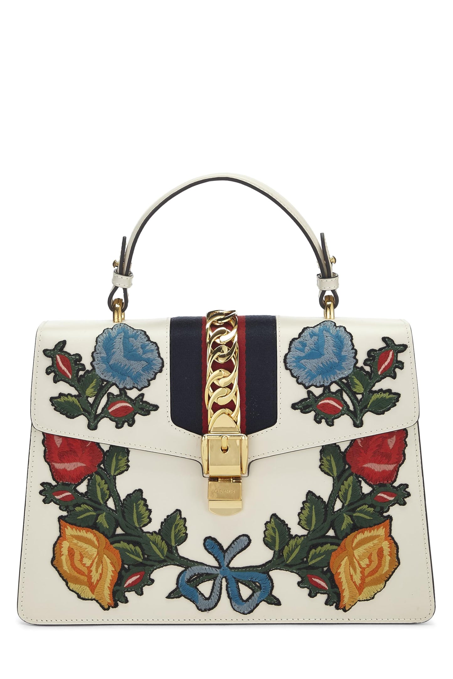 Gucci, Sylvie mediana de cuero con bordado floral blanco Pre-Loved, Blanco