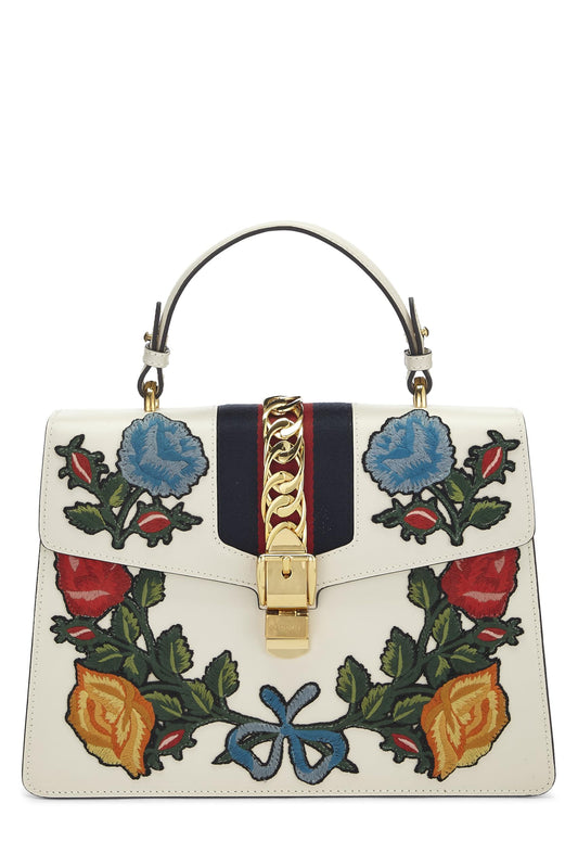 Gucci, Pre-Loved White Floral Embroidered Leather Sylvie Medium, White