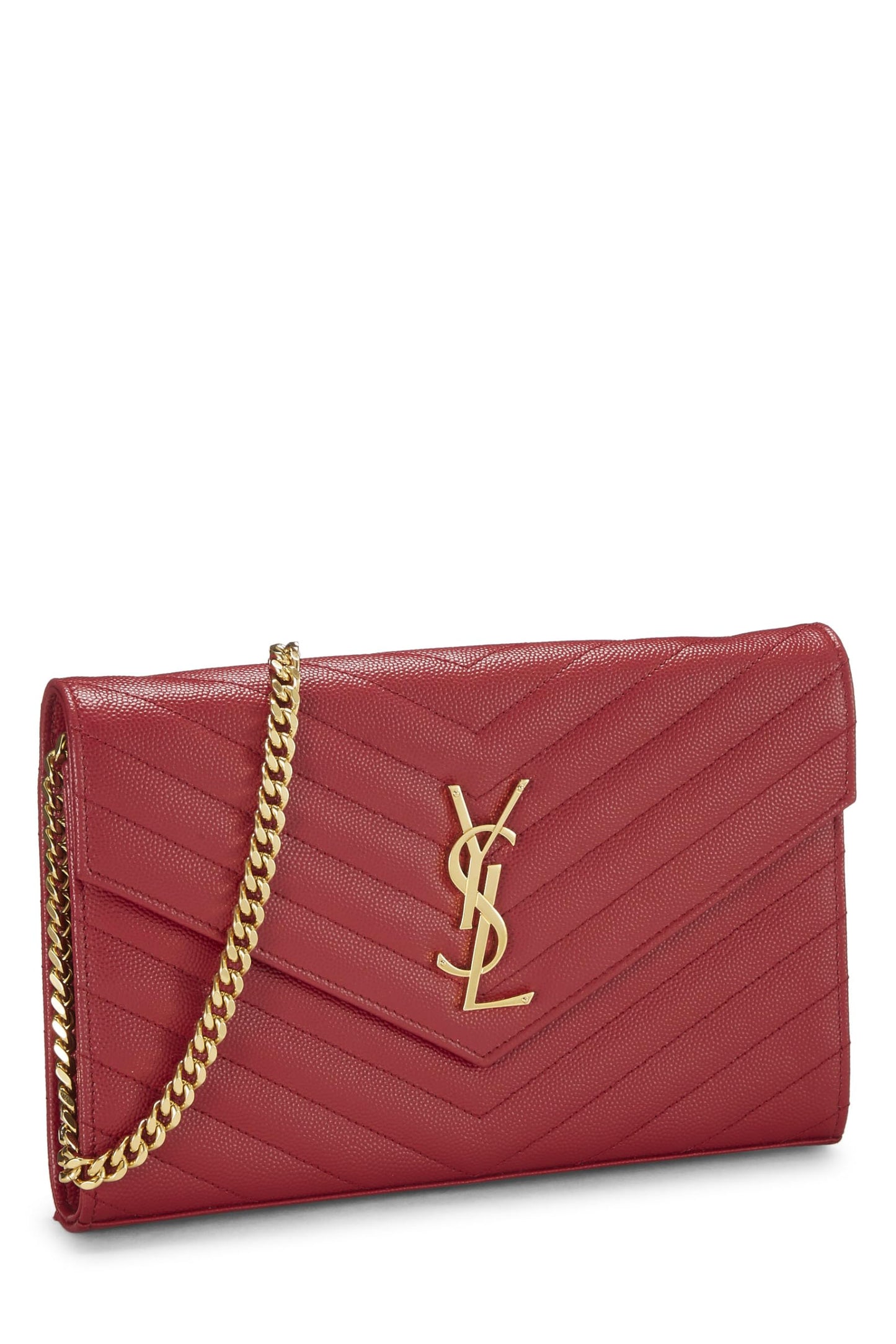 Yves Saint Laurent, Pre-Loved Red Grainy Calfskin Envelope Wallet-On-Chain (WOC), Red