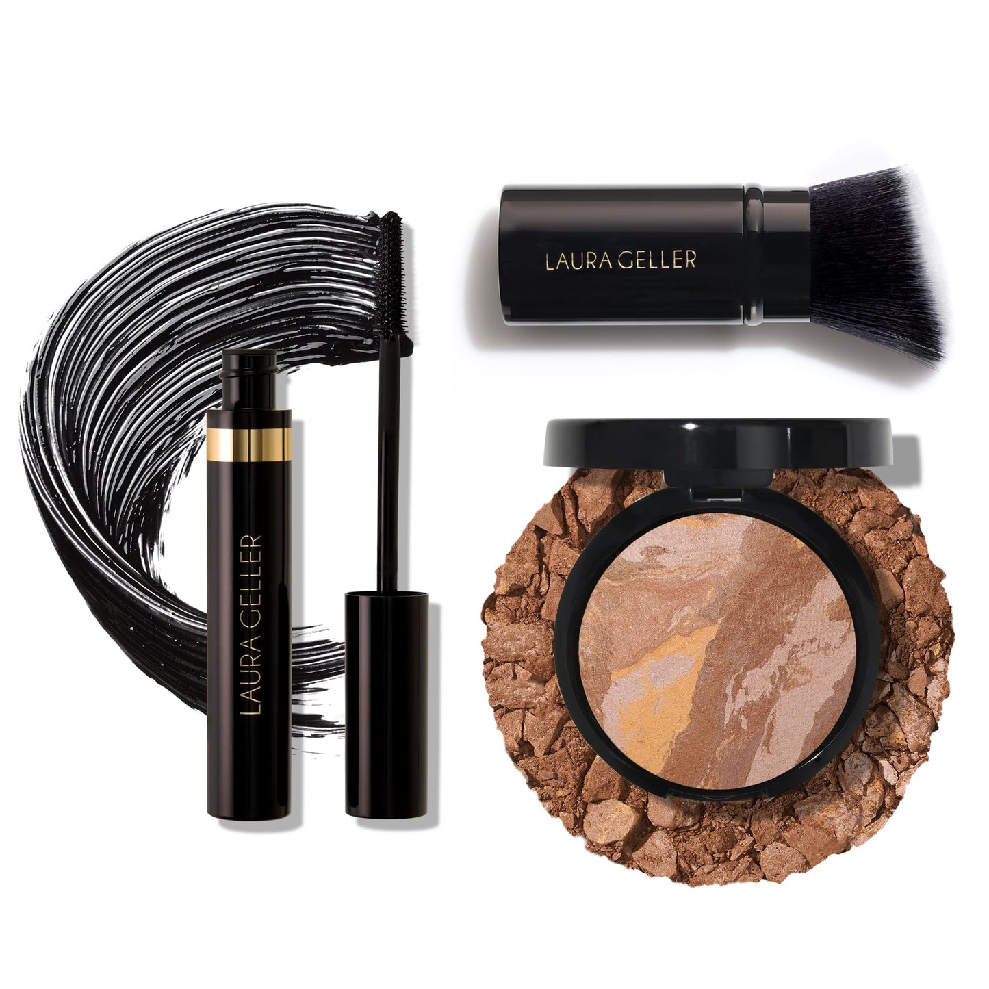 Fond de teint poudre Baked Balance-n-Brighten de LAURA GELLER NEW YORK, bronzage + pinceau kabuki biseauté rétractable + mascara noir longue tenue Kajal