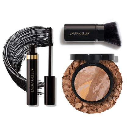 Fond de teint poudre Baked Balance-n-Brighten de LAURA GELLER NEW YORK, bronzage + pinceau kabuki biseauté rétractable + mascara noir longue tenue Kajal