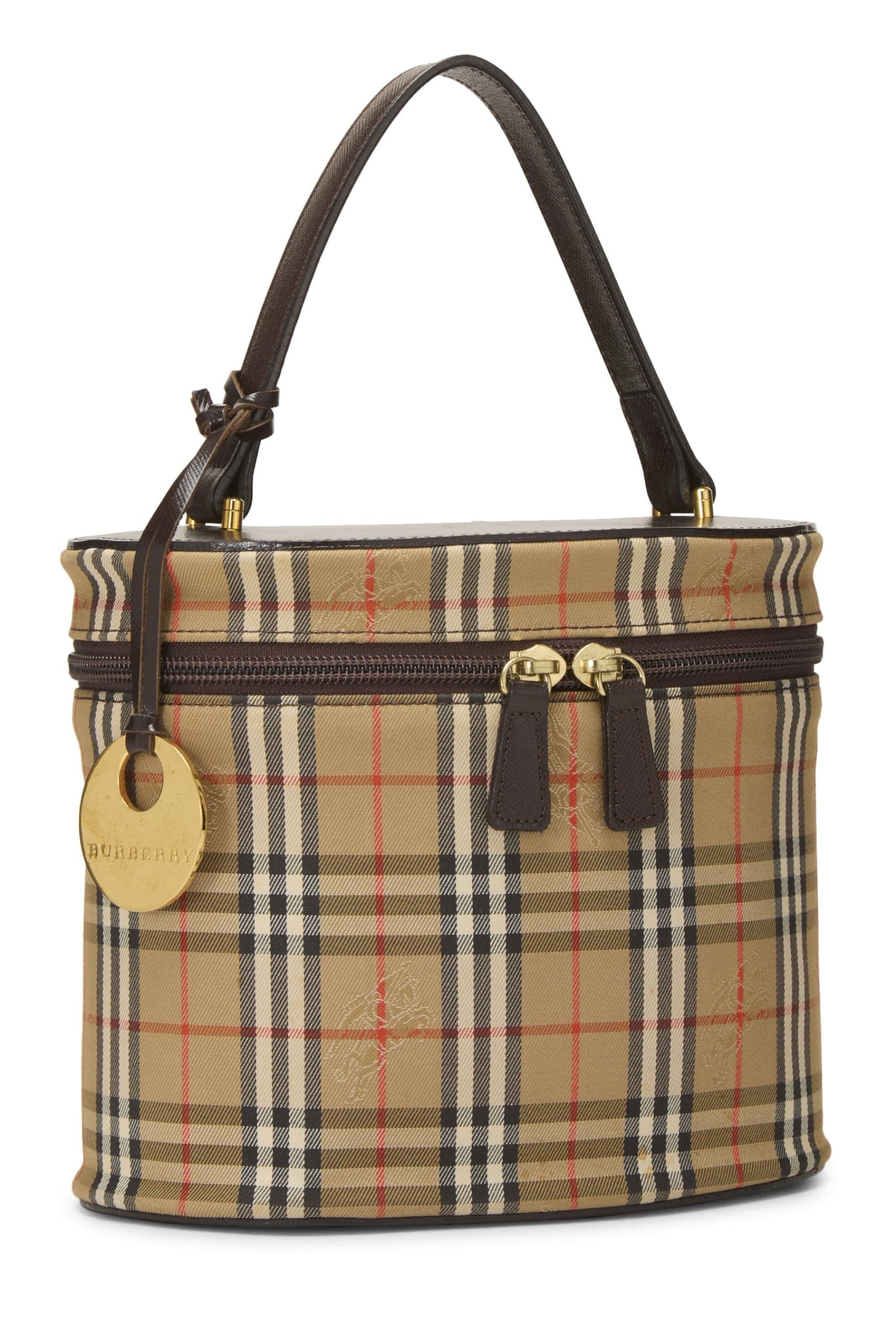 Burberry, trousse de toilette ronde en toile Haymarket marron d'occasion, marron