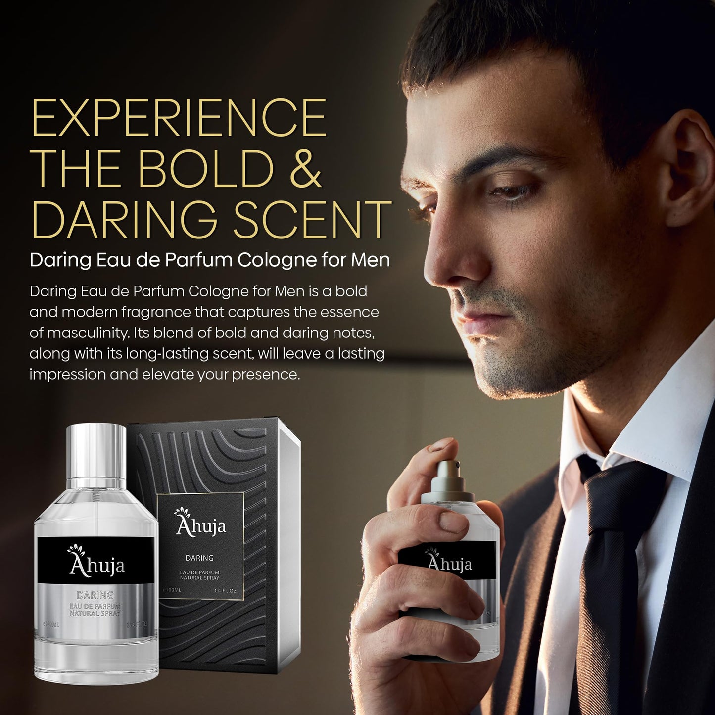 AHUJA Daring Eau de Parfum Cologne para hombres 3.4 fl oz - Fragancia para hombres - Perfume duradero para hombres Original Bold Awakening Pepper &amp; Citrus- Geranio y pachulí - Regalo de aroma de lujo para hombres EDP