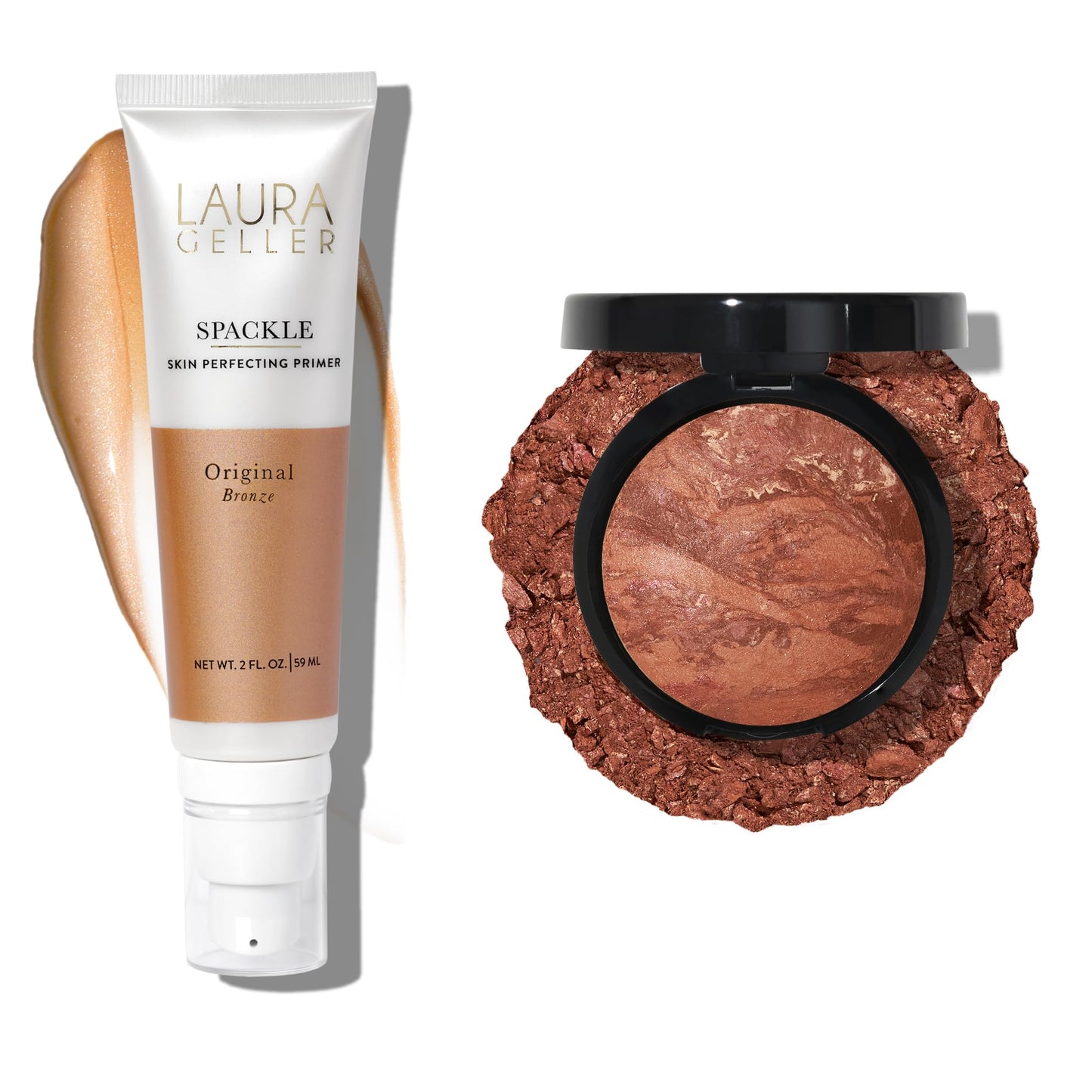 LAURA GELLER NEW YORK Instant Vacation 2pc - Polvo bronceador Baked Bronze-n-Brighten - Prebase de maquillaje perfeccionadora de la piel Deep + Spackle, bronce