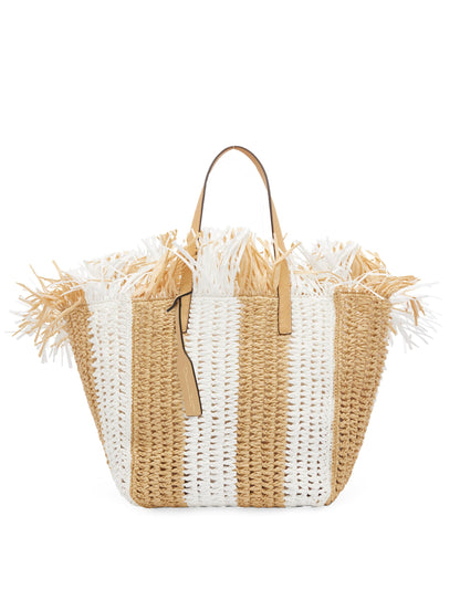 Oscar de la Renta, Tote cuadrado mediano de crochet de rafia a rayas, blanco natural