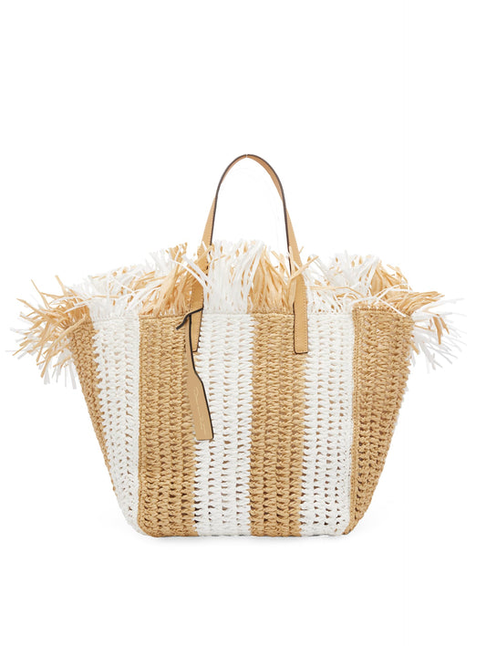 Oscar de la Renta, Medium Striped Raffia Crochet Square Tote, Natural White