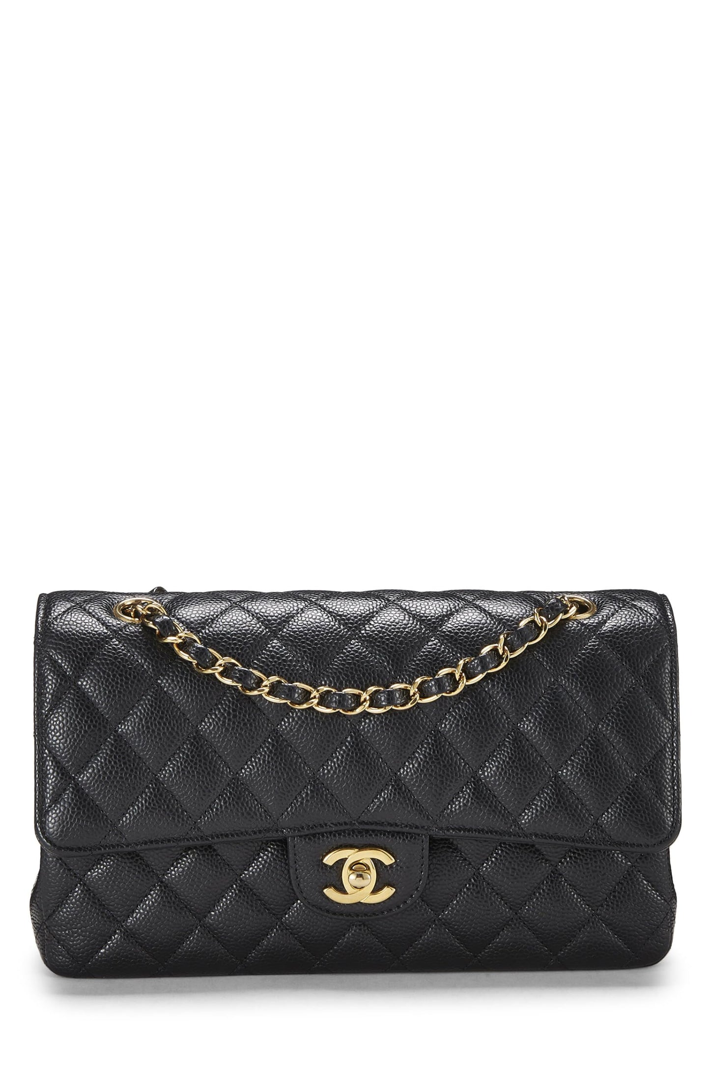 Chanel, sac à main matelassé noir à double rabat classique de taille moyenne, noir