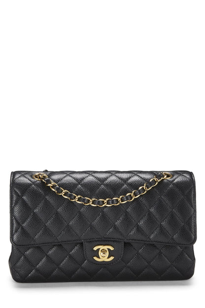 Chanel, sac à main matelassé noir à double rabat classique de taille moyenne, noir