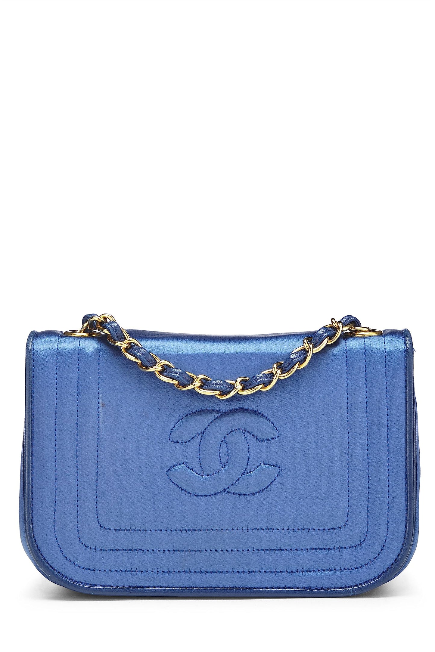 Chanel, Mini sac à rabat en satin bleu Triborder d'occasion, bleu