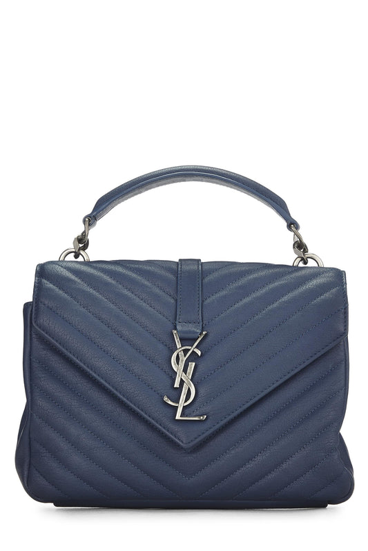 Yves Saint Laurent, College Medium en cuir à chevrons bleu d'occasion, bleu marine