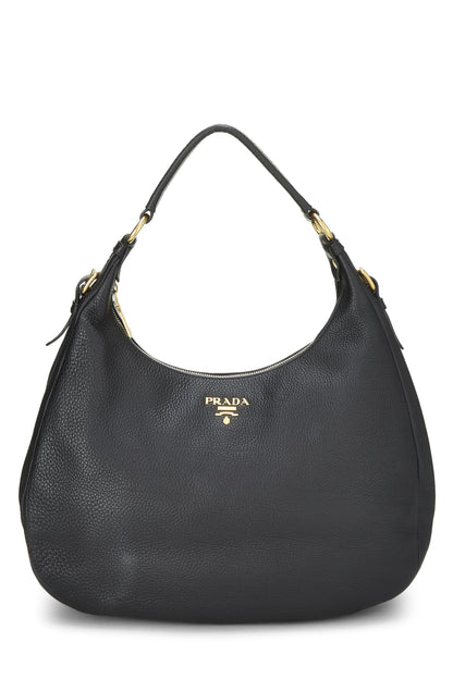 Prada, Pre-Loved Black Vitello Daino Hobo Mediano, Negro