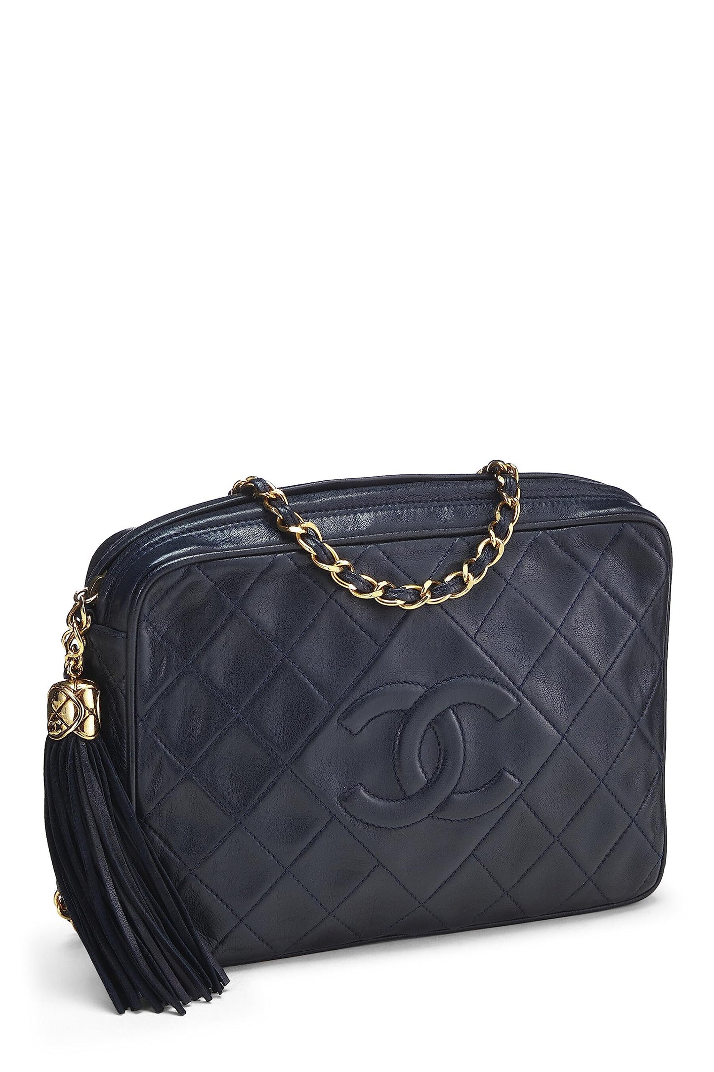 Chanel, Bolso para cámara 'CC' con diamantes de piel de cordero azul marino Pre-Loved, mediano, azul marino