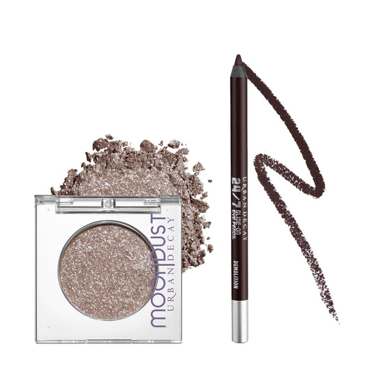 Coffret de maquillage URBAN DECAY Moondust Space Cowboy + crayon pour les yeux marron – Fard à paupières compact pailleté 24/7 Moondust (doré champagne scintillant) + crayon eye-liner 24/7 Glide-On (marron mat) – Kit complet