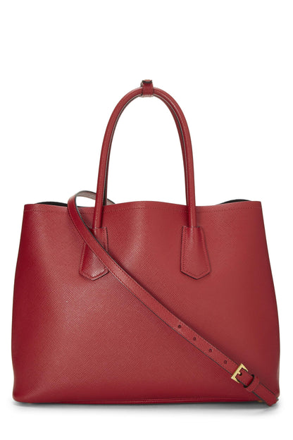 Prada, sac fourre-tout double taille moyenne en cuir Saffiano rouge d'occasion, rouge