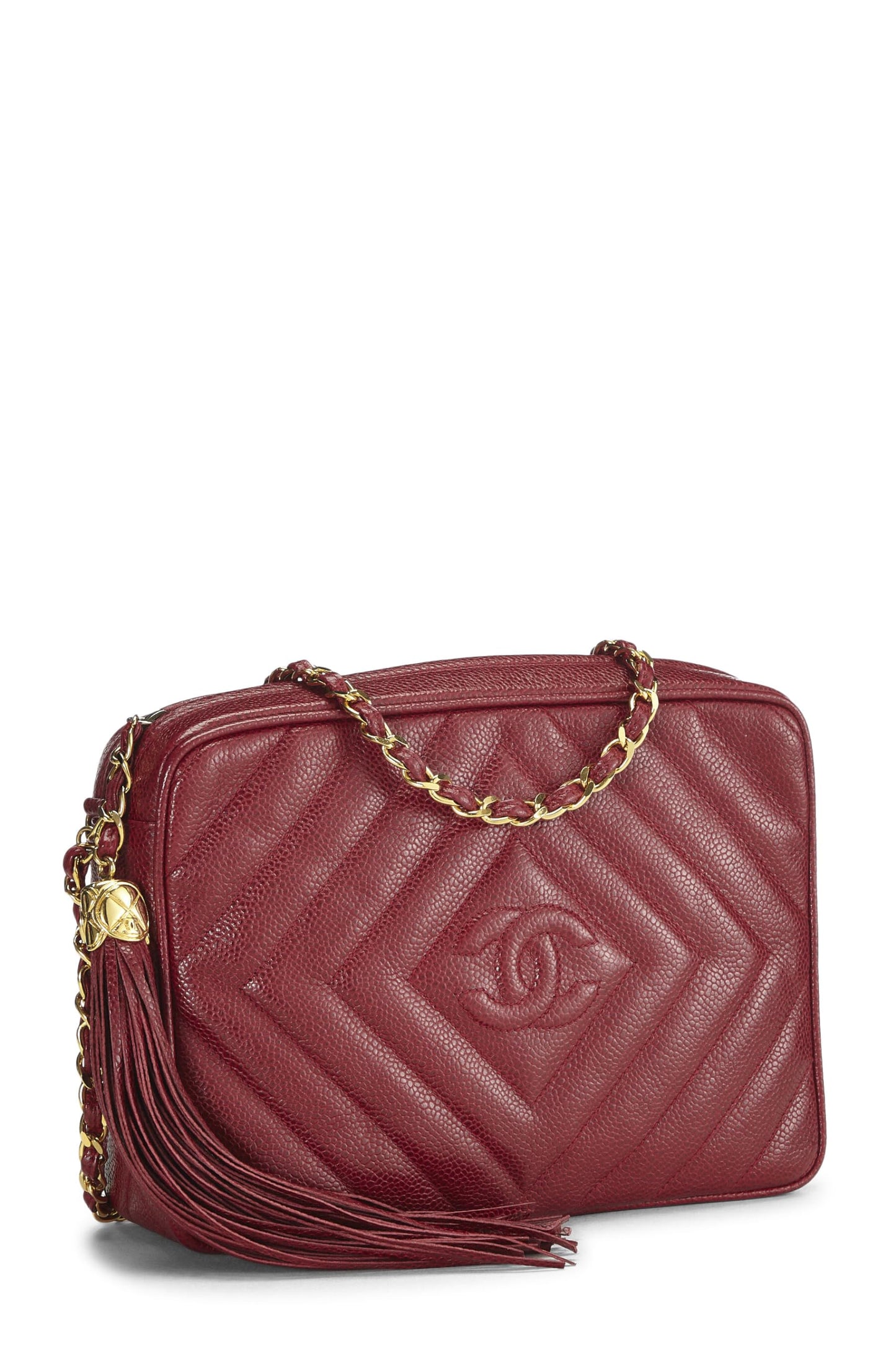 Chanel, sac photo « CC » Red Caviar Diamond d'occasion, grand modèle, bordeaux