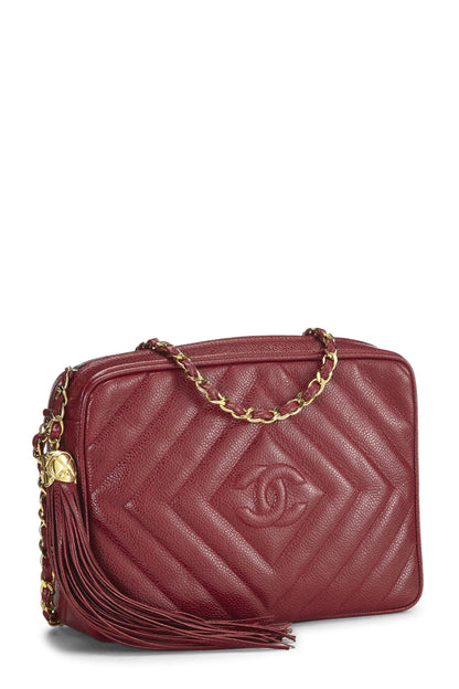 Chanel, sac photo « CC » Red Caviar Diamond d'occasion, grand modèle, bordeaux