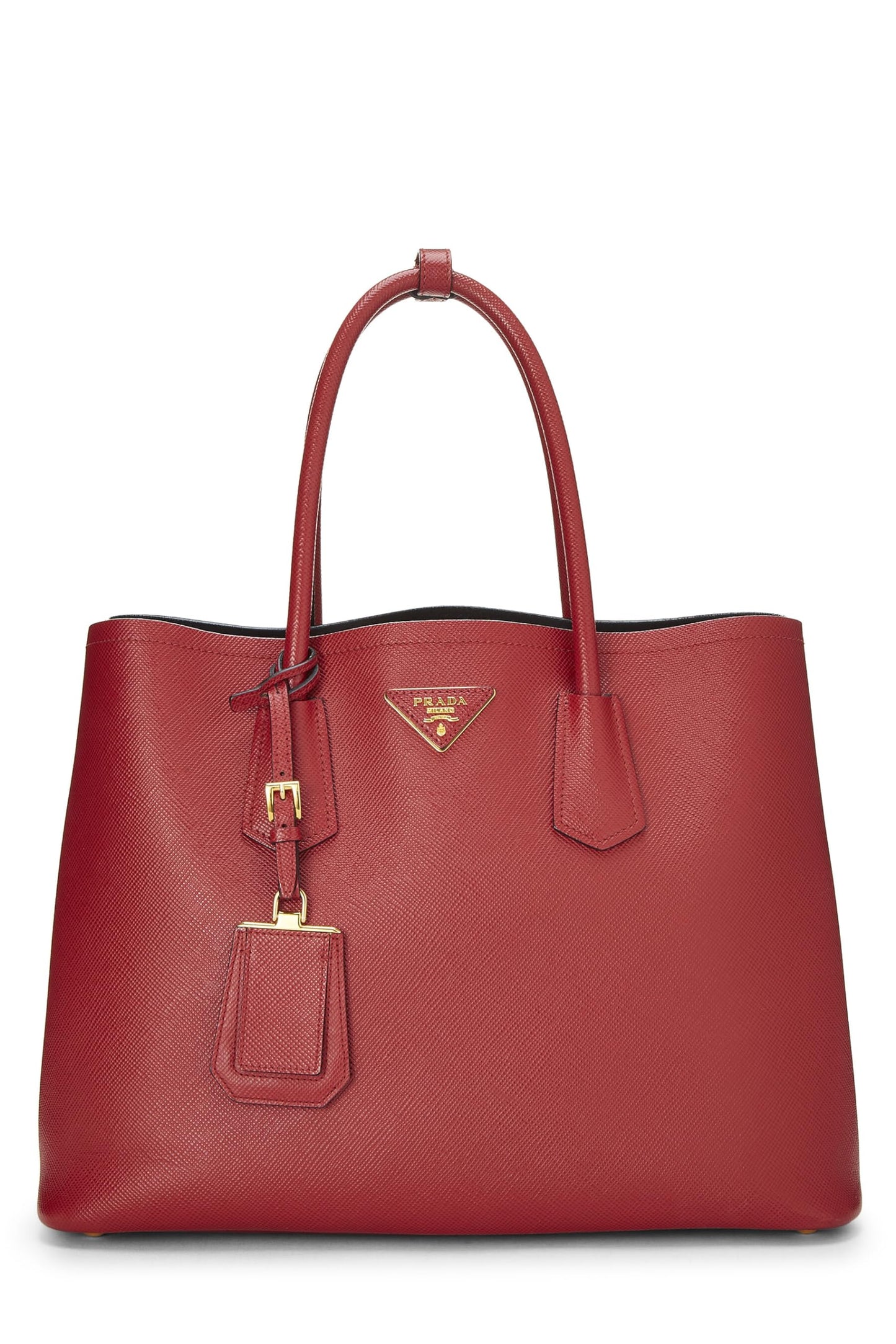 Prada, sac fourre-tout double taille moyenne en cuir Saffiano rouge d'occasion, rouge