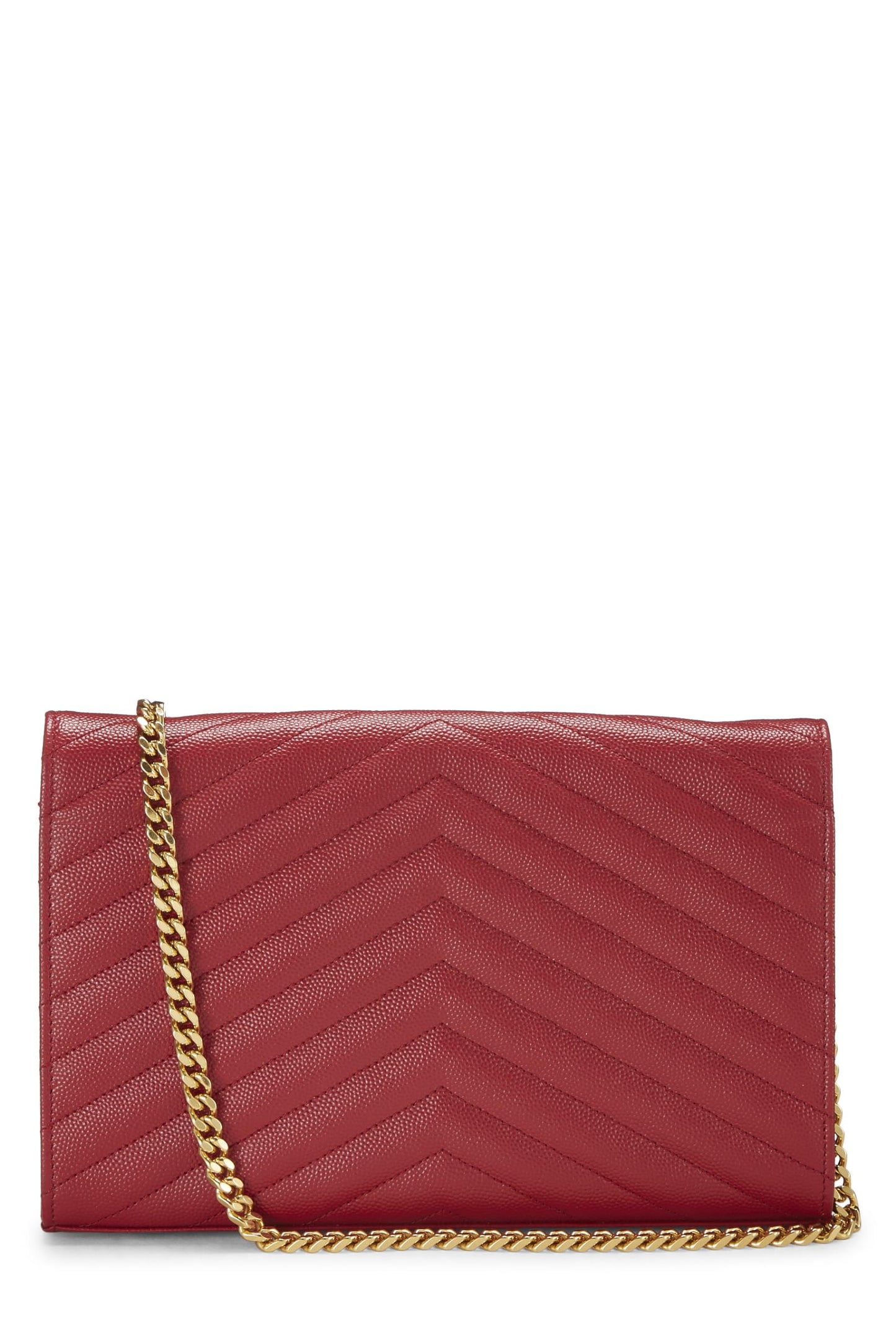 Yves Saint Laurent, Cartera con cadena tipo sobre de piel de becerro granulada roja Pre-Loved (WOC), Rojo