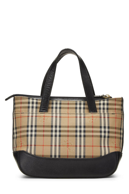 Burberry, sac à main Haymarket en toile noire d'occasion, mini, noir