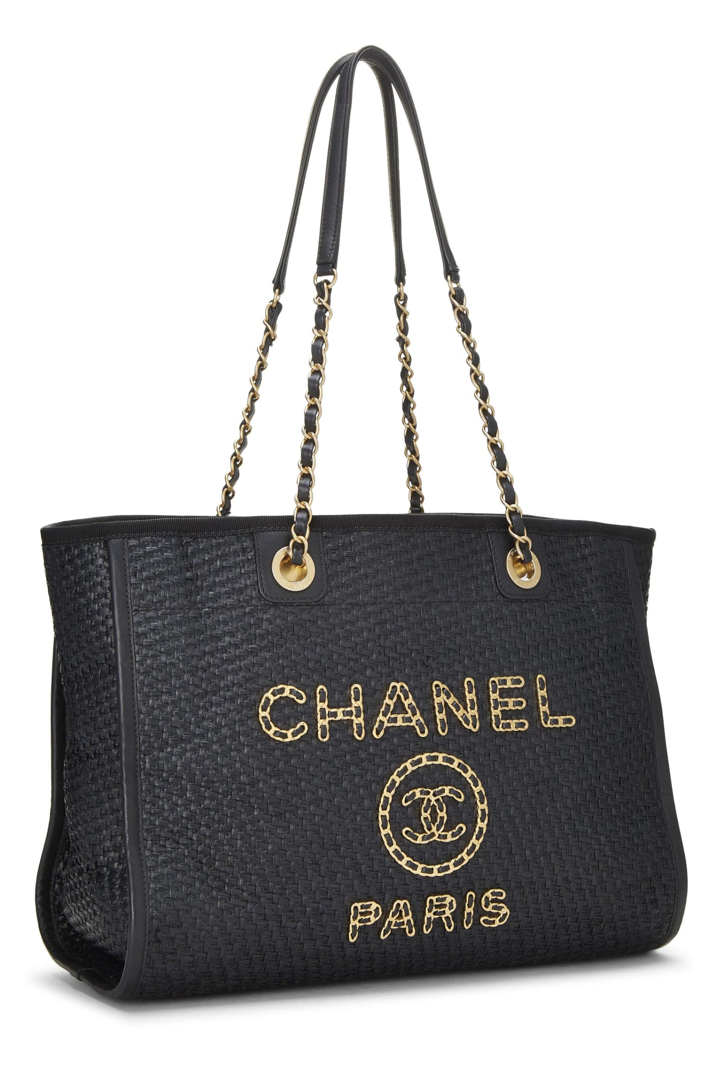 Chanel, sac fourre-tout Deauville en raphia tissé noir et naturel, taille moyenne, noir