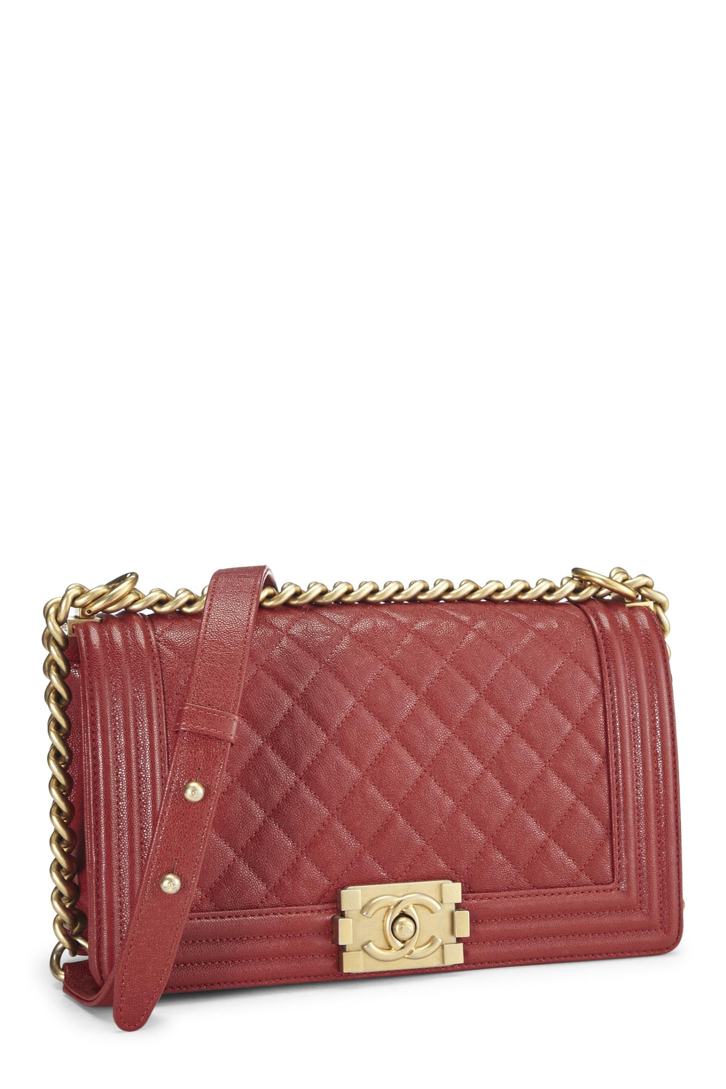 Chanel, sac Boy Caviar matelassé rouge de taille moyenne, d'occasion, rouge