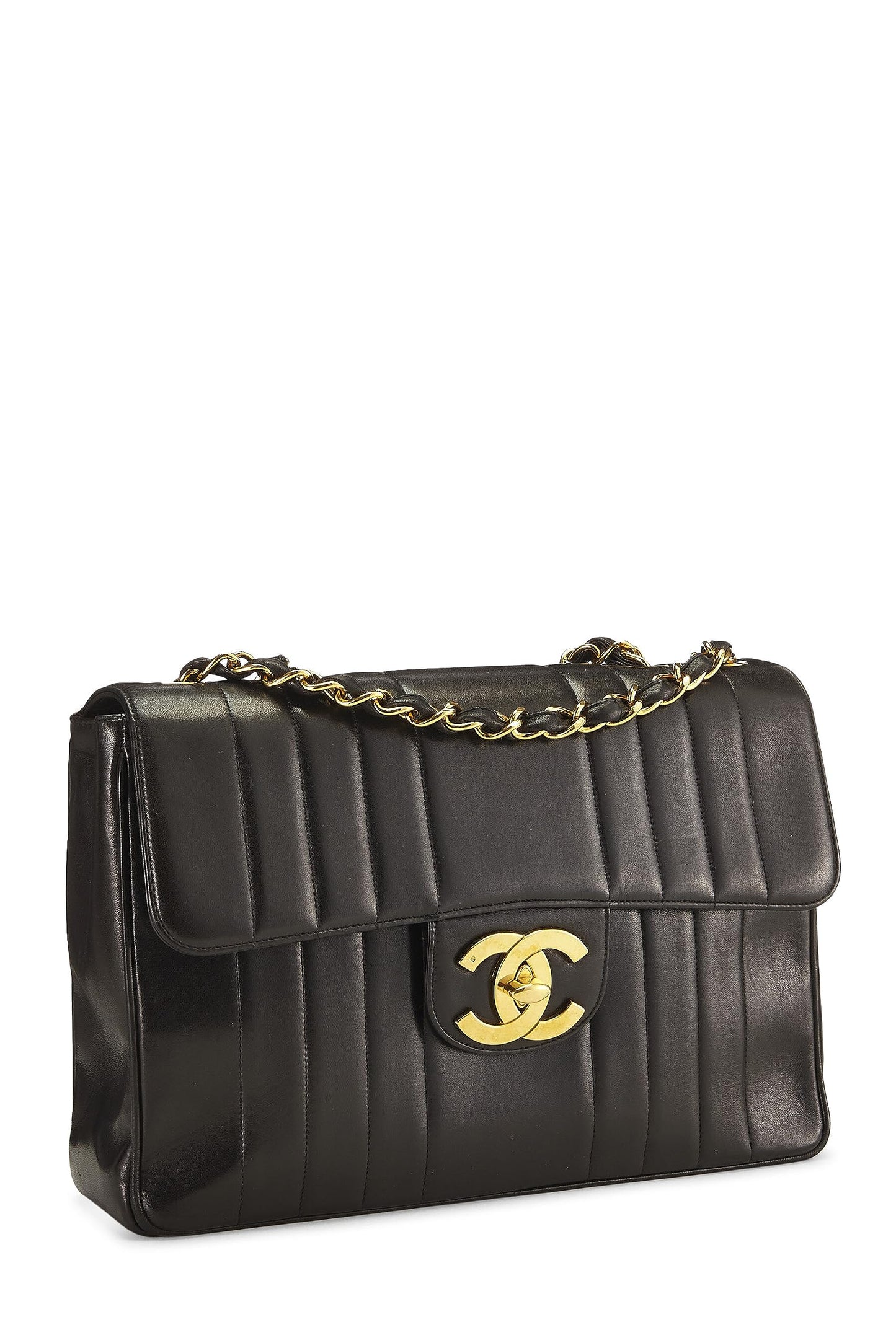 Chanel, Jumbo demi-rabat vertical en cuir d'agneau noir d'occasion, noir