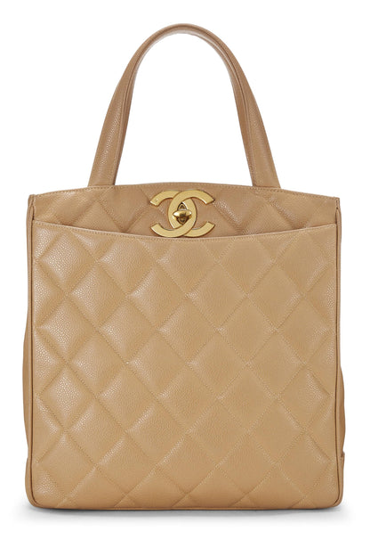 Chanel, Bolso de mano con cierre giratorio de caviar acolchado beige Pre-Loved, Beige