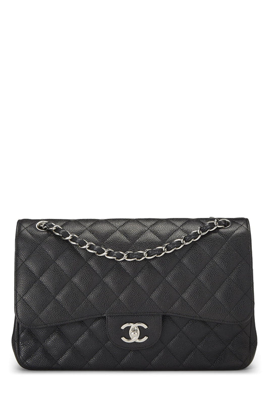 Chanel, New Classic Jumbo en cuir caviar matelassé noir d'occasion, noir