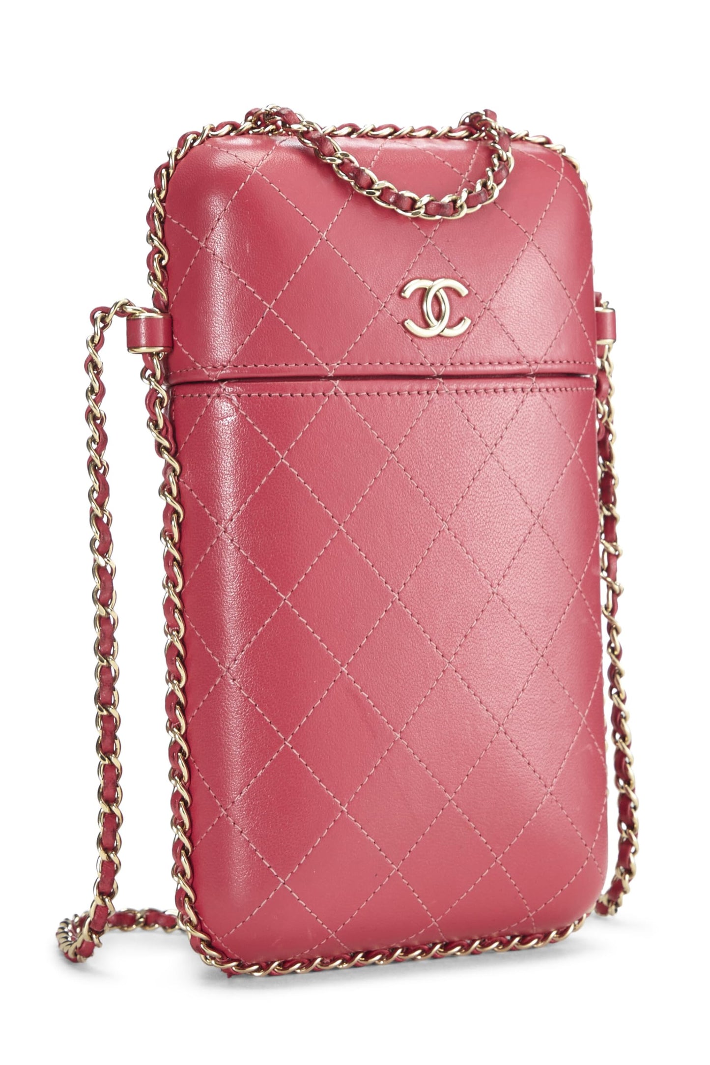 Chanel, Pre-Loved Pink Calfskin Crossbody Chain Phone Holder, Pink