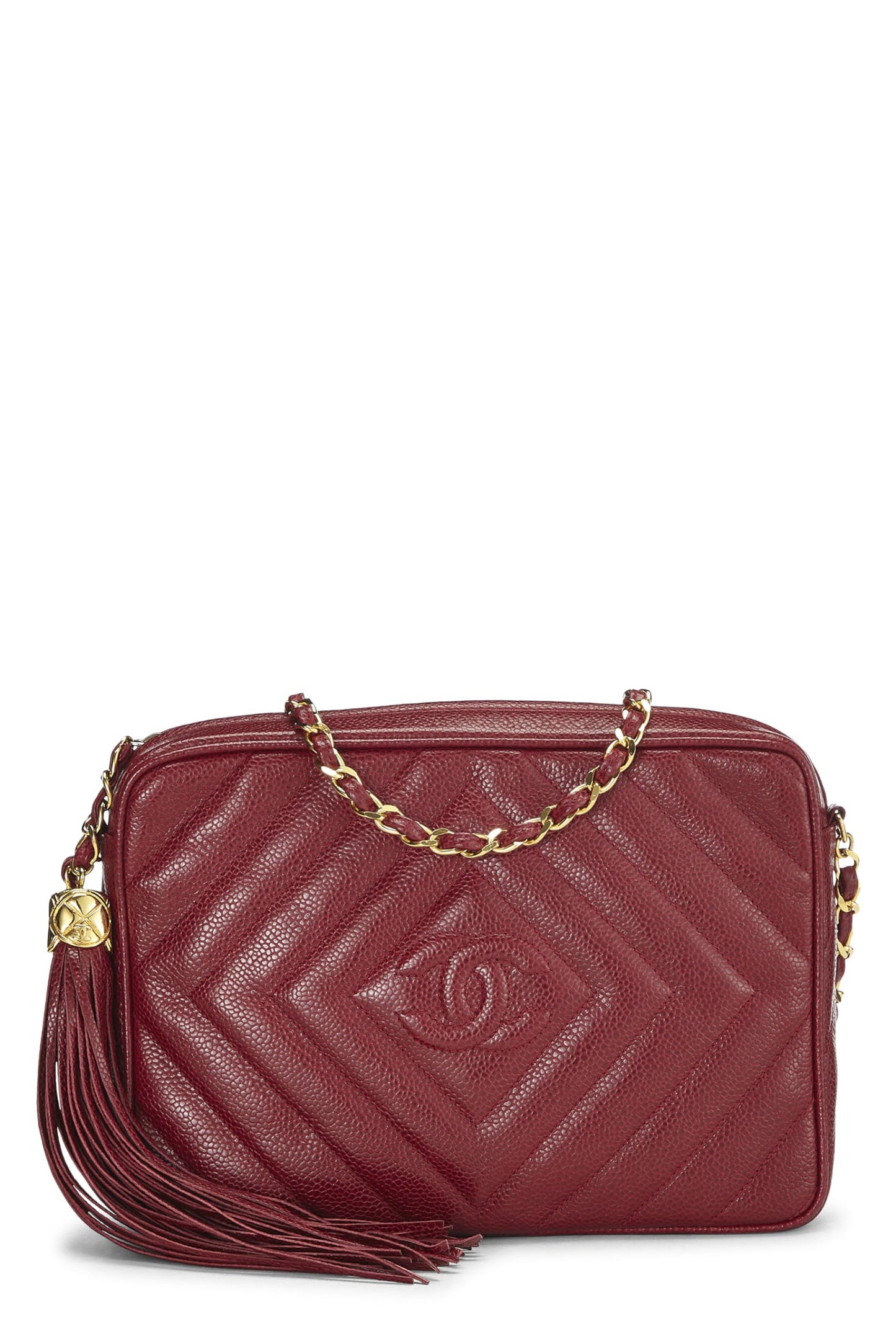 Chanel, sac photo « CC » Red Caviar Diamond d'occasion, grand modèle, bordeaux