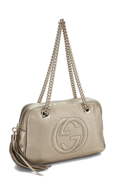 Gucci, Pre-Loved Metallic Grey Leather Soho Chain Tote, Grey