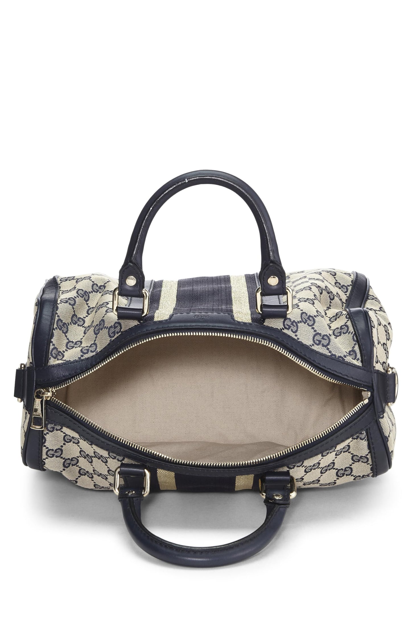 Gucci, Pre-Loved Navy Original GG Canvas Web Boston Bag Medium, Navy