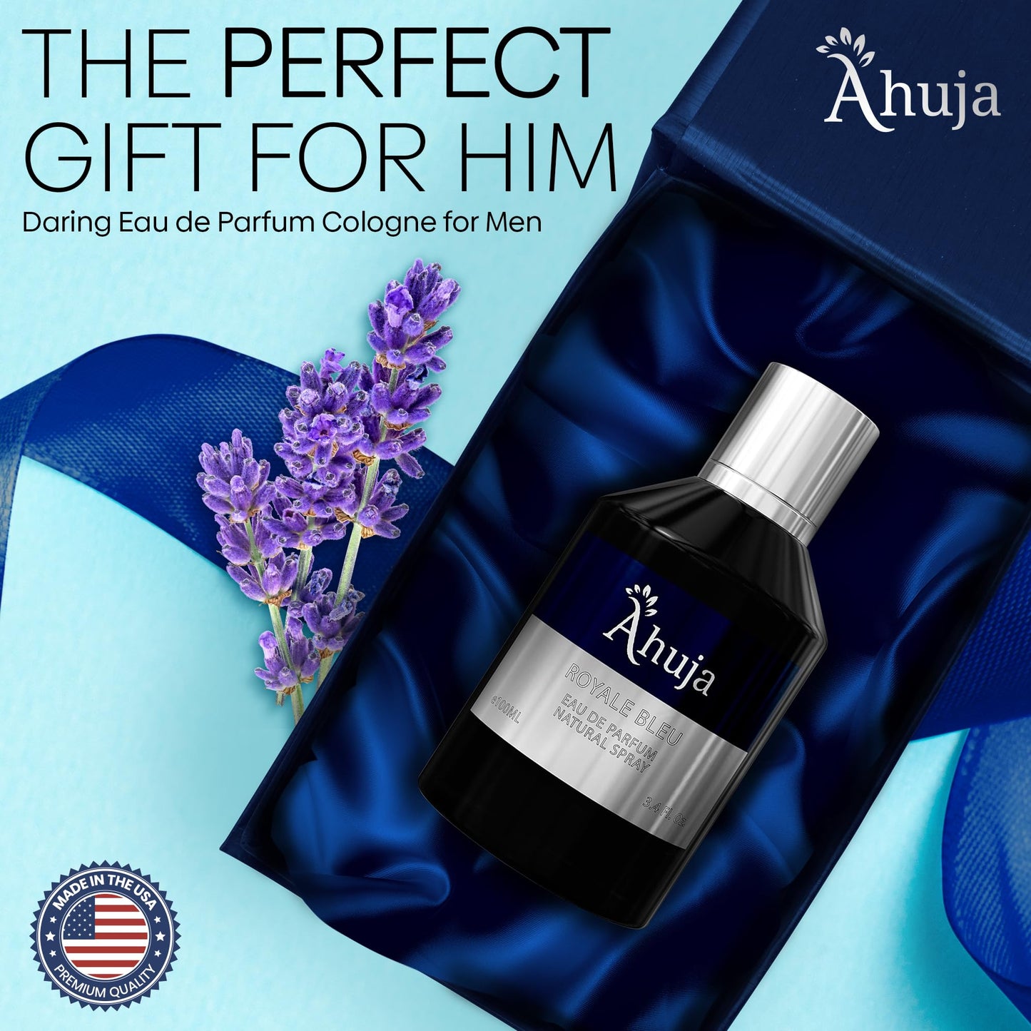 AHUJA Royal Bleu Eau De Parfum for Men 3.4 fl oz - Men's Cologne, Men Fragrance - Long Lasting Perfume for Men Original - Fresh Citrus & Deep Woods, Bold Citrus Kick, Luxury Scent Gift for Men EDP