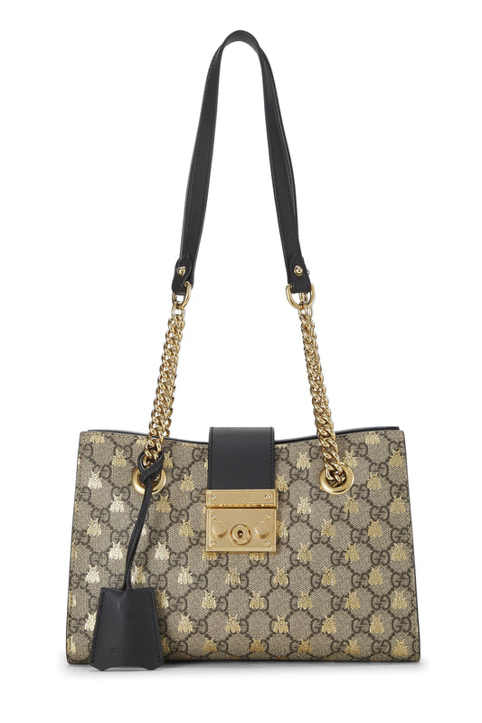 Gucci, sac fourre-tout en toile noire GG Supreme d'occasion, petit modèle, avec cadenas et abeilles, noir