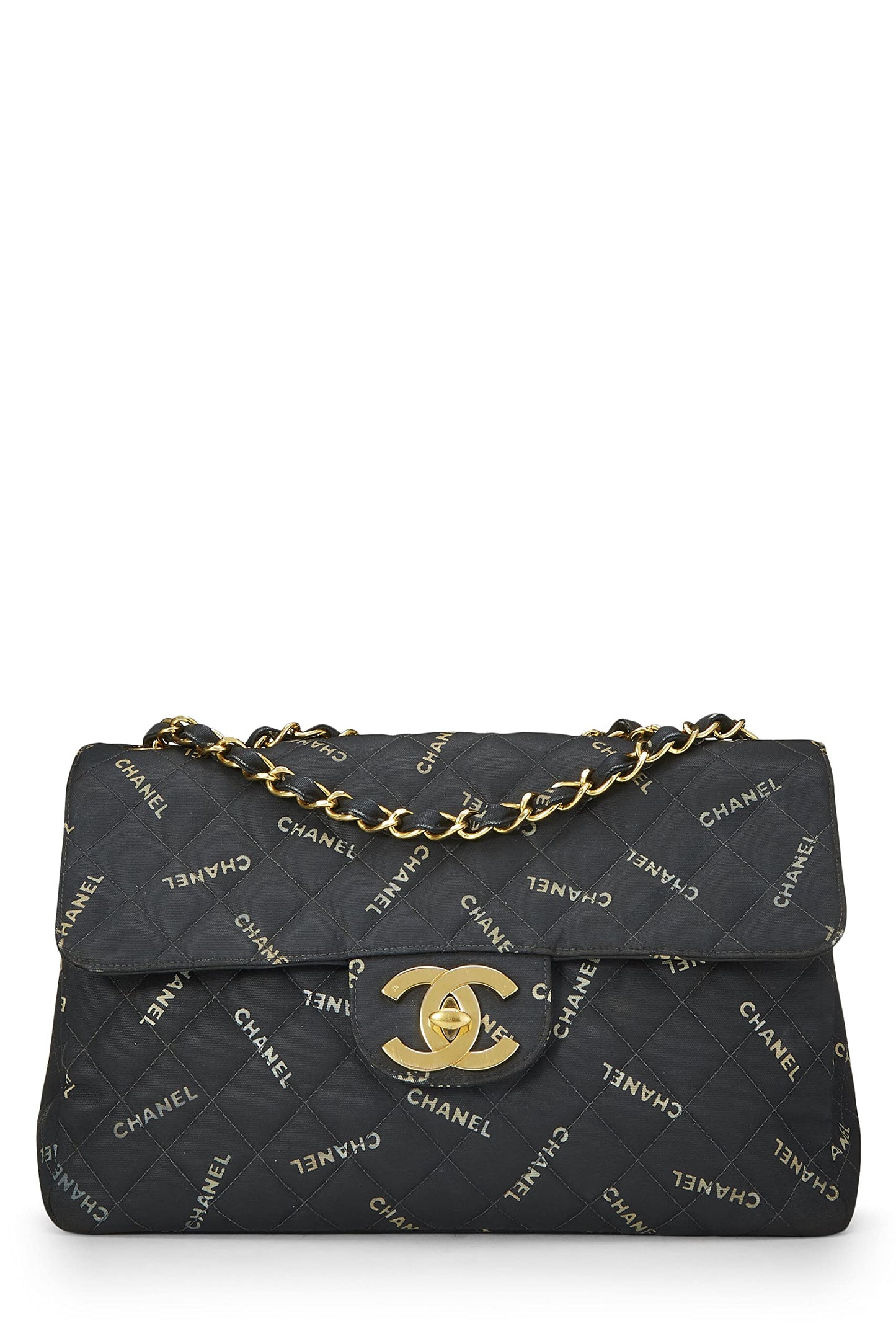 Chanel, Maxi sac à rabat demi-corps en toile noire avec logo d'occasion, noir